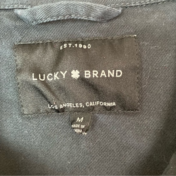 Lucky Brand M Medium Navy Blue Denim Jacket Pockets Button Zip Distressed Faded - Picture 5 of 9